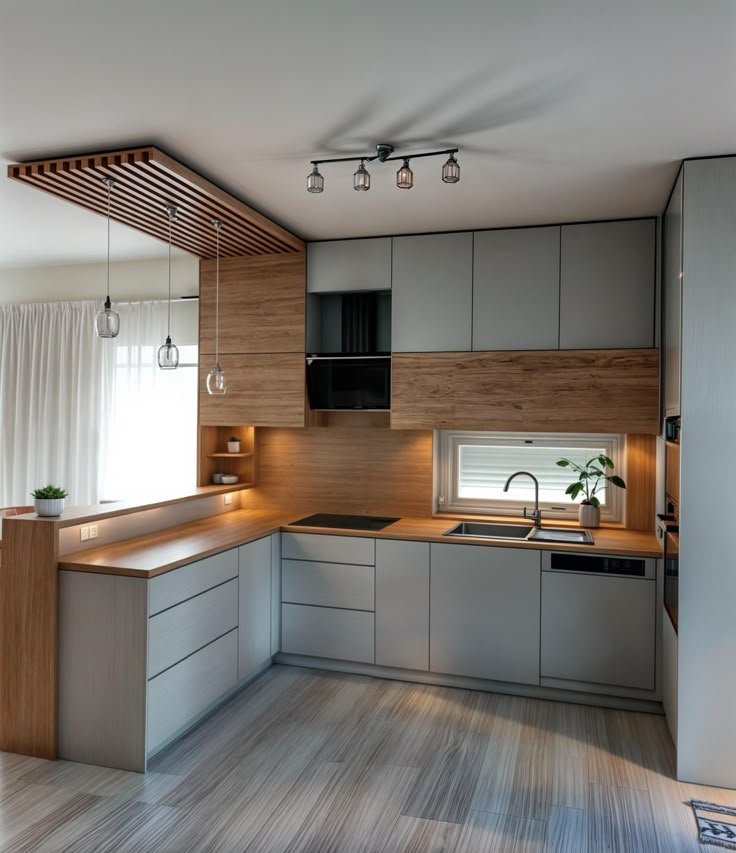 cocina gris con madera