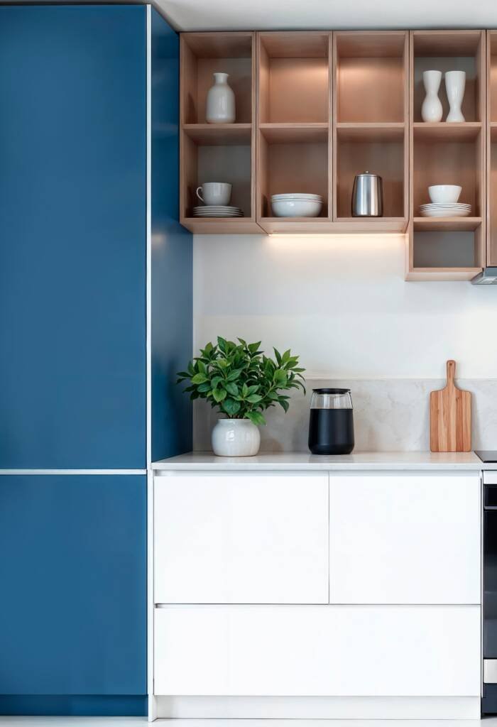 Muebles de cocina azul con blanco